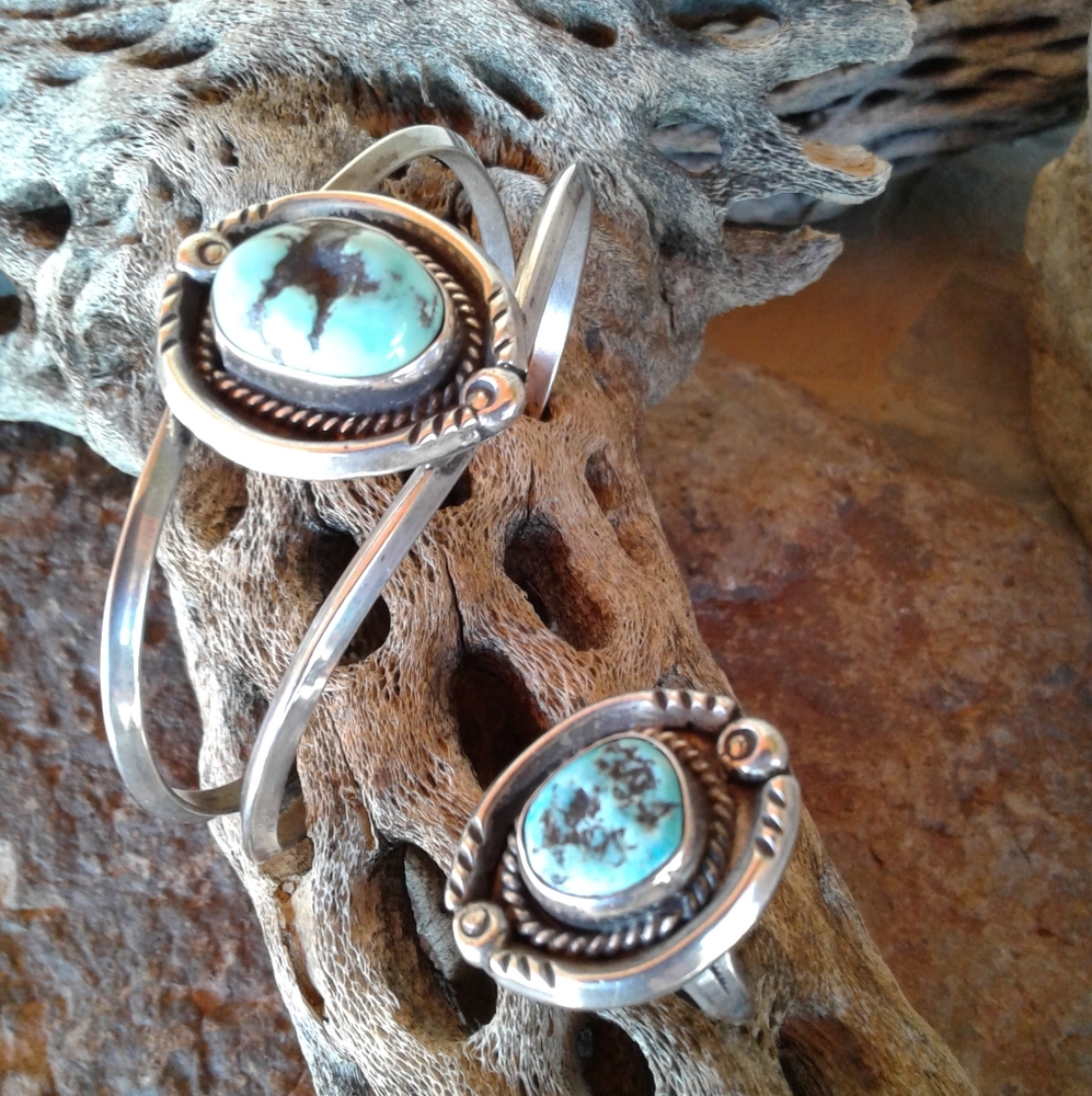 Sterling Silver Vintage Turquoise Cuff & Ring SET - Picture 5 of 16